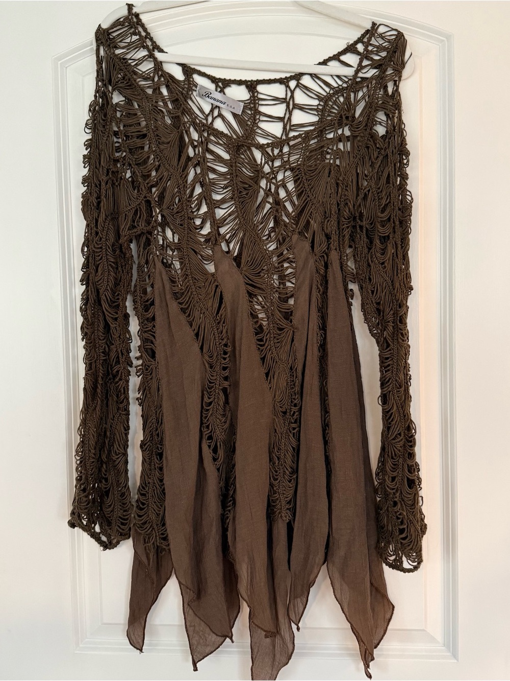 Banana USA Boho Crochet Macrame Tunic Top Brown Gauze Fringe Lagenlook Festival